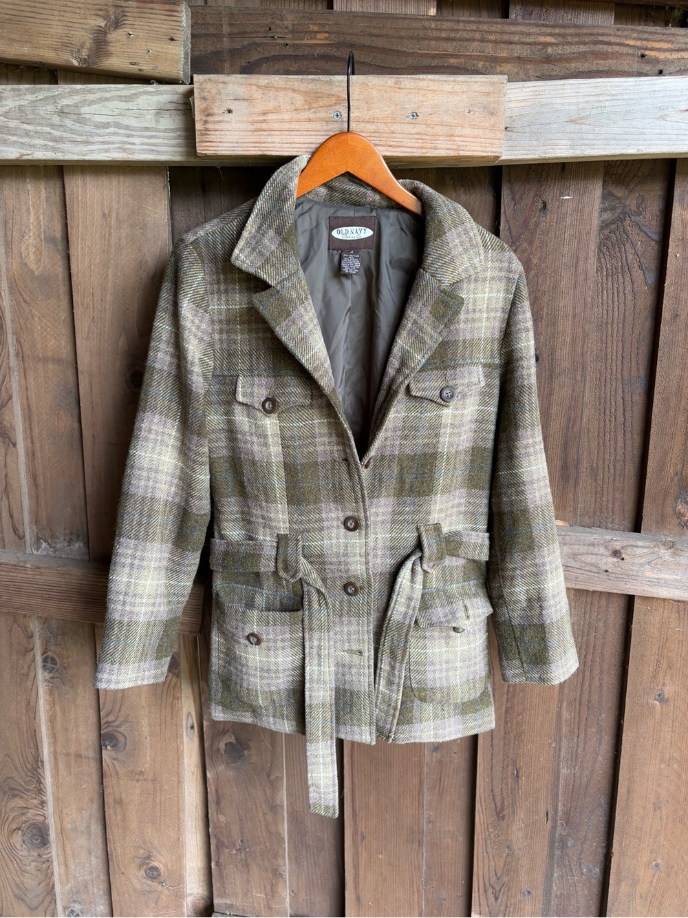 VTG Old Navy Wool Blend Olive and Teal Plaid Jacket